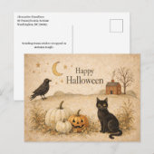 Primitive Black Cat Folk Art Halloween シーズンポストカード (正面/裏面)