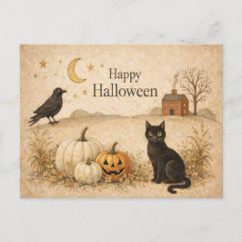 Primitive Black Cat Folk Art Halloween シーズンポストカード