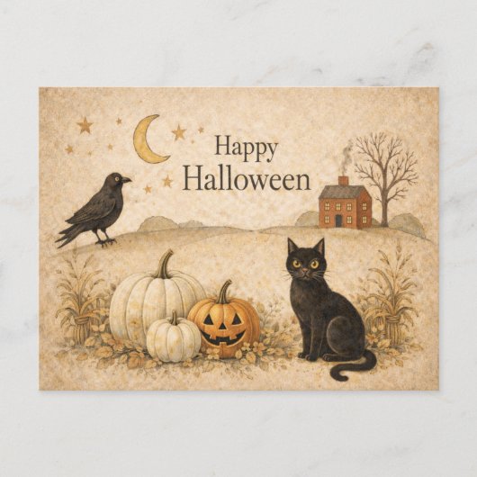 Primitive Black Cat Folk Art Halloween シーズンポストカード (正面)