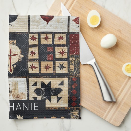 Primitive Farmhouse Appliqué & Geometric キッチンタオル (四つ折り)