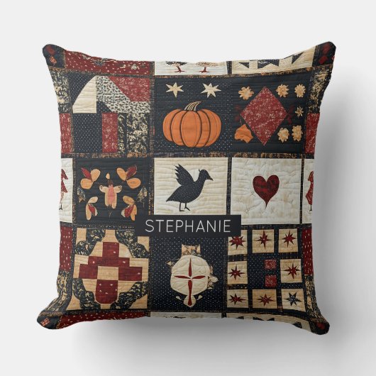 Primitive Farmhouse Appliqué & Geometric クッション (正面)