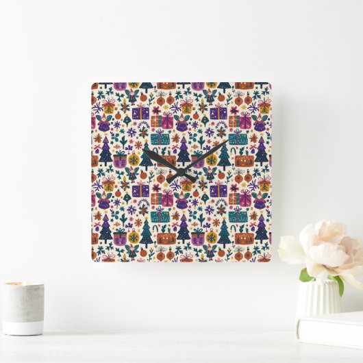 Primitive Folk Art Christmas Wall Clock スクエア壁時計 (ホーム)