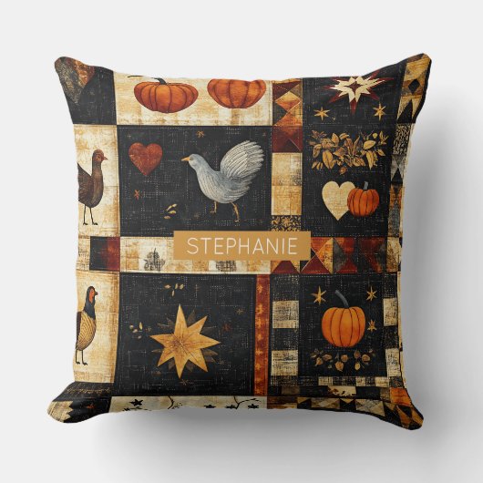 Primitive Folk Art Quilt Pattern | Rustic Autumn クッション (正面)