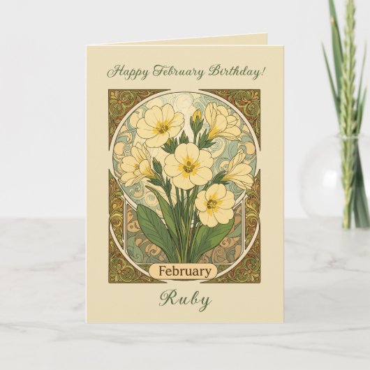Primrose February Birthday Flowers Art Nouveau Sty カード (正面)