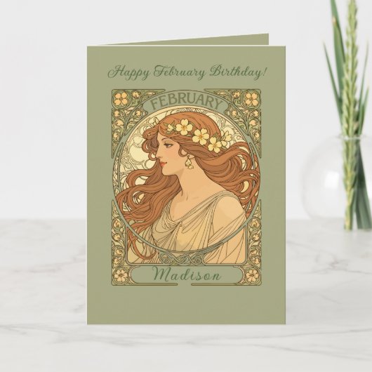 Primrose Flowers Art Nouveau Style February Birthd カード (正面)