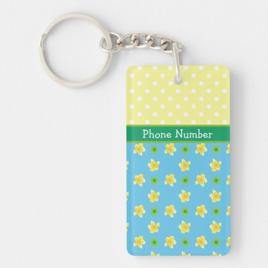 Primroses on Blue, Yellow, White水玉模様 キーホルダー (正面)
