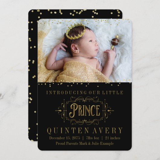 Prince金ゴールドエレガント紙吹雪誕生発表 案内状 (正面/裏面)