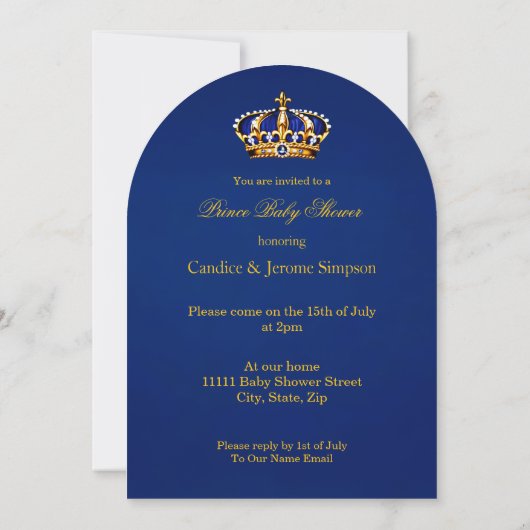 Prince Baby Shower Blue Gold Carriage 招待状 (裏面)