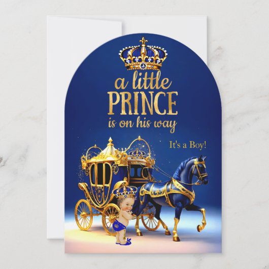 Prince Baby Shower Blue Gold Carriage 招待状 (正面)
