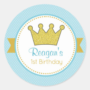 Prince Stickers -グリッター金ゴールドクラウンin Blue ラウンドシール