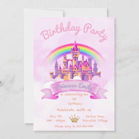 Princess 1st Birthday Invitation Editable Pink 招待状 (正面)
