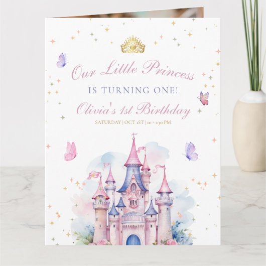 Princess 1st BIrthday Invite, Girl Princess Castle サンキューカード (正面)