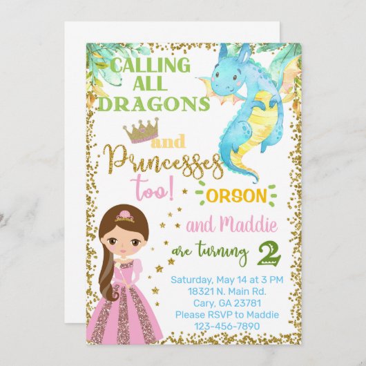 Princess and dragon siblings birthday invitation. 招待状 (正面/裏面)