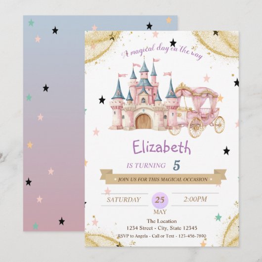 Princess Castle Carriage Stars Birthday  招待状 (正面/裏面)