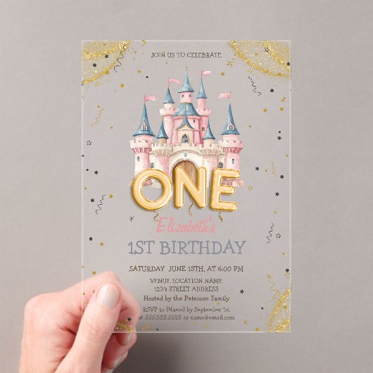 Princess Castle Confetti Watercolor 1st Birthday アクリル招待状 (インサイチュ (ポータブル))
