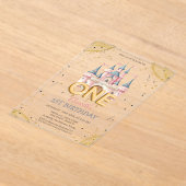 Princess Castle Confetti Watercolor 1st Birthday アクリル招待状 (レイダウン)