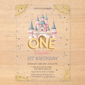 Princess Castle Confetti Watercolor 1st Birthday アクリル招待状 (正面)