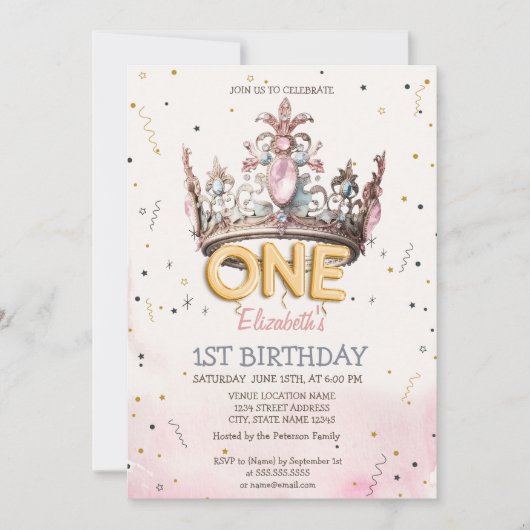 Princess Crown Fairytale 1st Birthday  招待状 (正面)