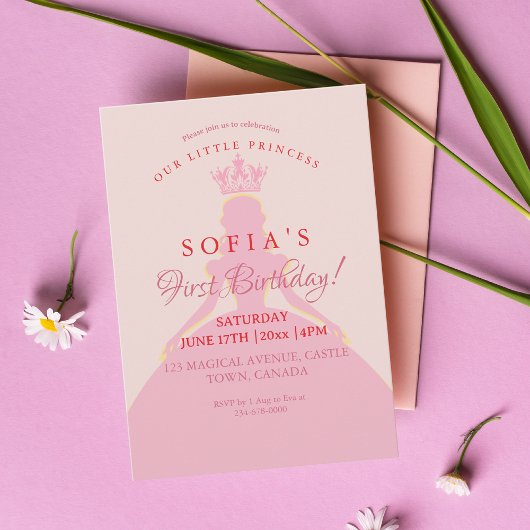  Princess Dress Crown 1st Birthday 招待状