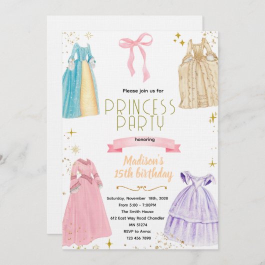 Princess Dresses Birthday Invitation 招待状 (正面/裏面)