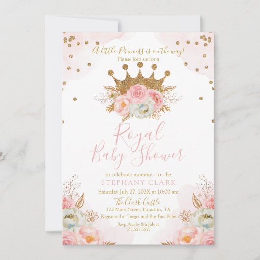 Princess Floral Pink & Gold Baby Shower Invitation 招待状 (正面)