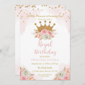Princess Floral Pink & Gold Birthday 招待状 (正面/裏面)