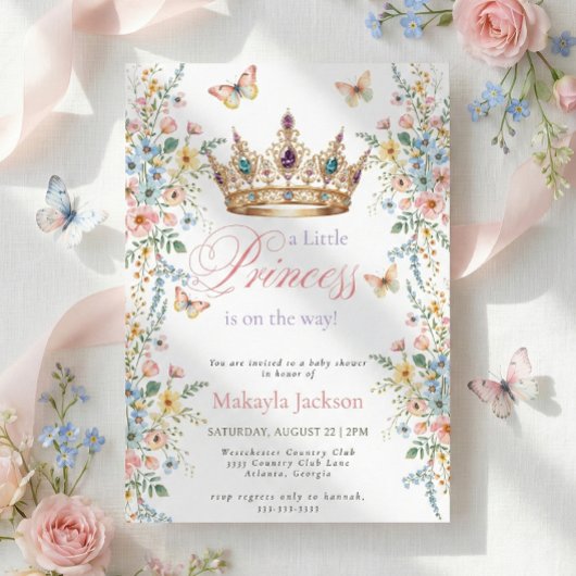 Princess Gold Crown Floral Butterfly Baby Shower 招待状