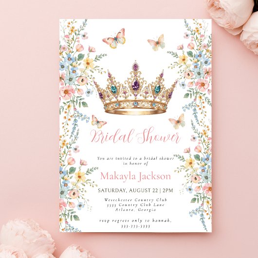 Princess Gold Crown Floral Butterfly bridal shower 招待状