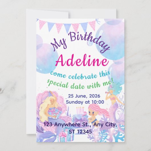 Princess & Mermaid Birthday Invitation Card (正面)