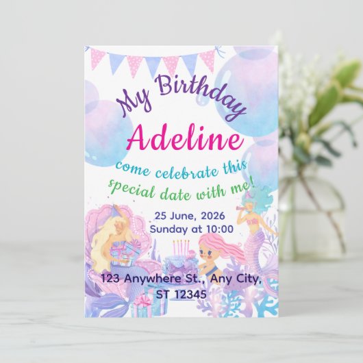 Princess & Mermaid Birthday Invitation Card (スタンド正面)