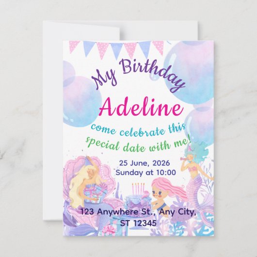 Princess & Mermaid Birthday Invitation Card (正面)