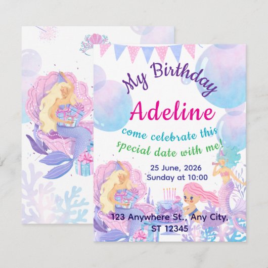 Princess & Mermaid Birthday Invitation Card (正面/裏面)