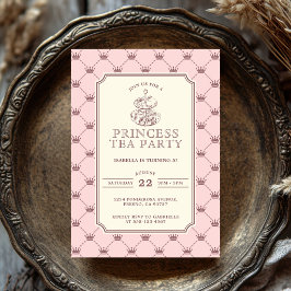 Princess Tea Party Elegant Pink Crown Pattern 招待状