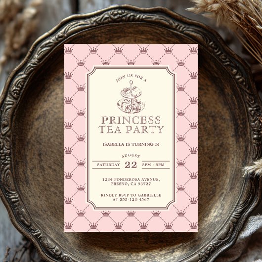 Princess Tea Party Elegant Pink Crown Pattern 招待状