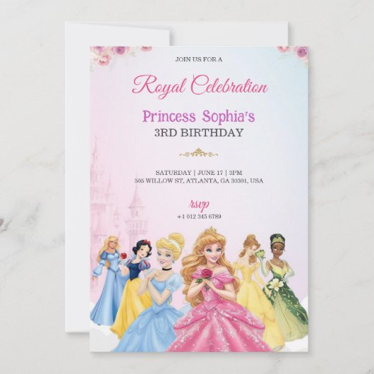 Princess-themed birthday invitation in pink colour 招待状 (正面)