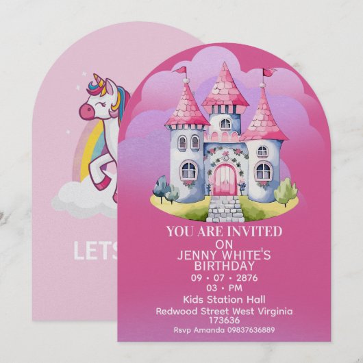Princess Themed Girl Birthday Invitation  招待状 (正面/裏面)