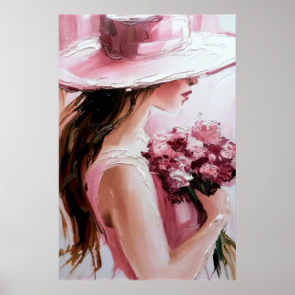 Print,Romantic Woman with Flowers – Soft Pink Impr ポスター