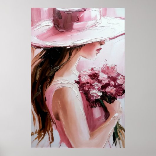 Print,Romantic Woman with Flowers – Soft Pink Impr ポスター (正面)