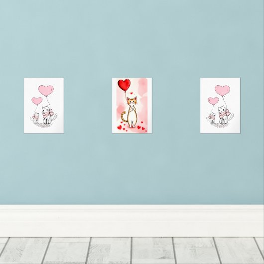 Print Set  Cat Red & Pink Hearts (ウッドフロア)