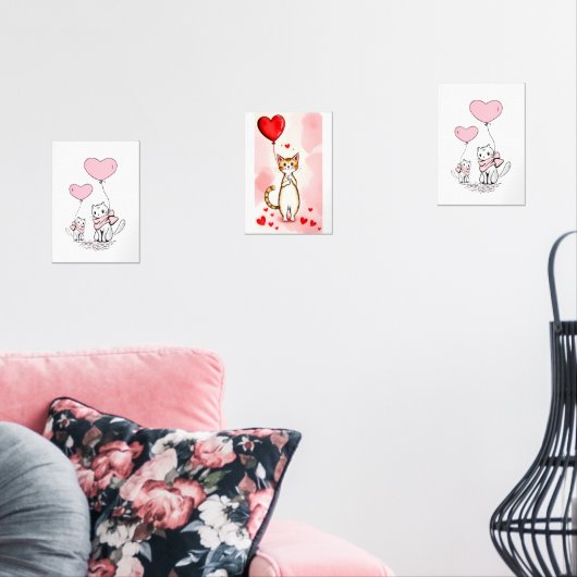 Print Set  Cat Red & Pink Hearts (リビング)