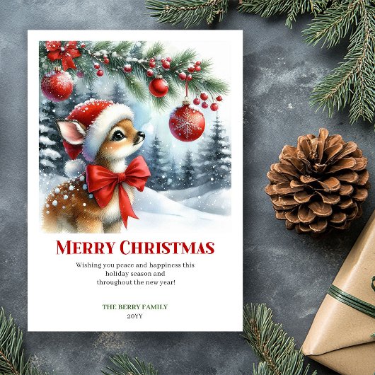 Printable Baby Deer Christmas Scene Watercolor  シーズンカード