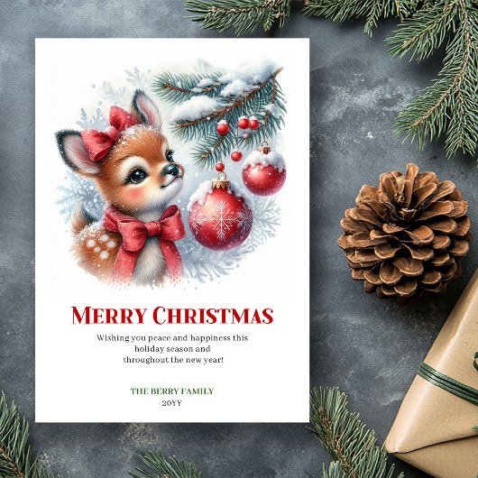 Printable Baby Fawn Christmas Scene Watercolor  シーズンカード
