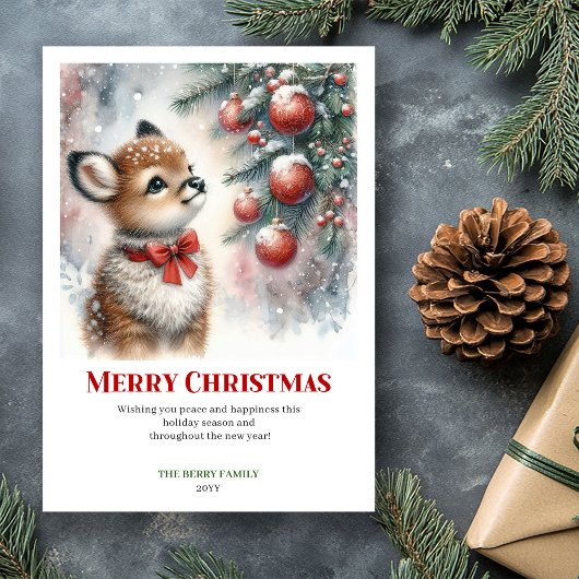 Printable Baby Fawn Christmas Scene Watercolor  シーズンカード
