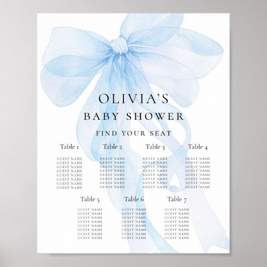 Printable Blue Bow Baby Shower Seating Chart ポスター (正面)