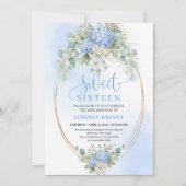 Printable Blue Floral Gold Sweet Sixteen Party 招待状 (正面)