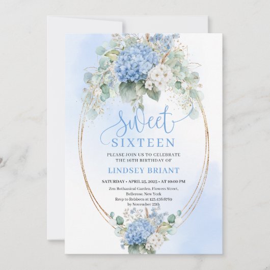 Printable Blue Hydrangea Sweet Sixteen Birthday 招待状 (正面)