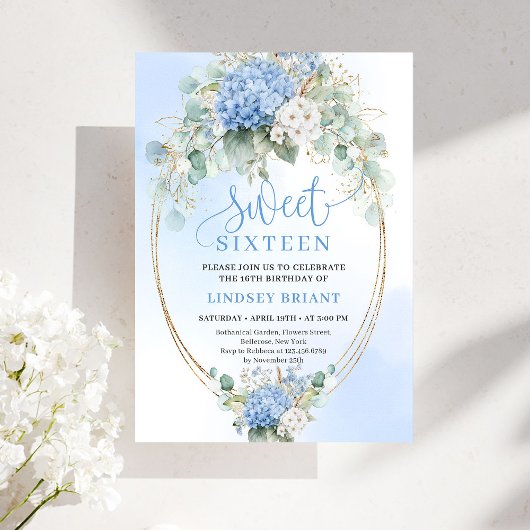 Printable Blue Hydrangea Sweet Sixteen Birthday  招待状