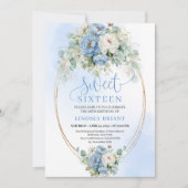 Printable Dusty Blue Floral Gold Sweet 16 Birthday 招待状 (正面)