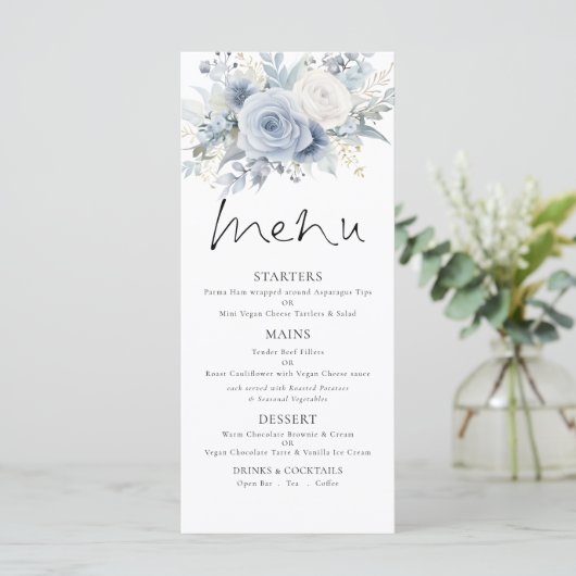 Printable Dusty Blue FloralsWedding Thank You Menu カード (スタンド正面)