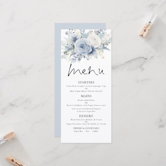 Printable Dusty Blue FloralsWedding Thank You Menu カード (正面/裏面インサイチュ)